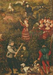 The Electress Sybille of Saxony preparing to shoot with her crossbow at the Hunt in Honour of Emperor Charles V near Hartenfels Castle, Torgau, 1544 (oil on panel) (see also 38682, 498129,498131 and 72409) | Obraz na stenu