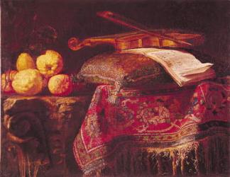Still Life of Fruit and Musical Instruments (oil on canvas) | Obraz na stenu
