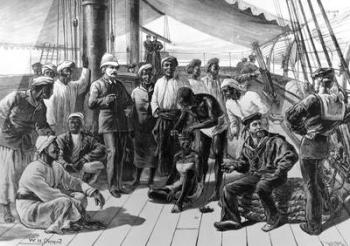 Mr Stanley and some of his African followers on board HMS Industry, published in 'The Illustrated London News', January 5 1878 (engraving) | Obraz na stenu