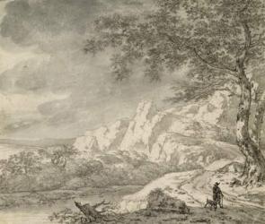 Mountainous Landscape with a Hiker (chalk and indian ink on paper) | Obraz na stenu