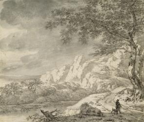 Mountainous Landscape with a Hiker (chalk and indian ink on paper) | Obraz na stenu