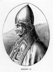 Portrait of Pope Gregory IX (c.1170-1241) illustration from 'Science and Literature in the Middle Ages and the Renaissance', written and engraved by Paul Lacroix, 1878 (engraving) (b/w photo) | Obraz na stenu