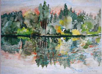 The Lake at Sunset, Bremes les Ardres, 2000,(watercolour) | Obraz na stenu