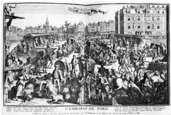 The Congestion in Paris, Pont Neuf from the Rue Dauphine (engraving) (b/w photo) | Obraz na stenu