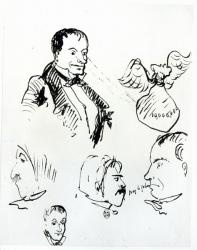 Three self portraits and profiles of Jules Champfleury (1821-89) and Charles Asselineau (1820-74) c.1857-58 (pen & ink on paper) (b/w photo) | Obraz na stenu