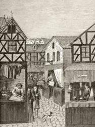 Shops on an Apothecary's street, from 'Science and Literature in the Middle Ages' by Paul Lacroix (1806-84) published London 1878 (litho) | Obraz na stenu