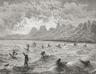 Hawaiians surfing, illustration from 'The World in the Hands', engraved by Charles Barbant (d.1922), published 1878 (engraving) | Obraz na stenu