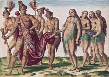 Chief Satouriona and his Wife go for a Walk, plate XXXIX from 'Brevis Narratio..', engraved by Theodore de Bry (1528-98) (coloured engraving) | Obraz na stenu