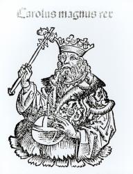 St. Charles (747-814) from 'Liber Chronicarum' by Hartmann Schedel (1440-1514) 1493 (woodcut) (b/w photo) | Obraz na stenu