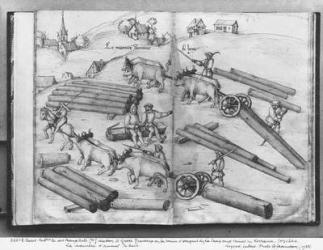 Siver mine of La Croix-aux-Mines, Lorraine, fol.3v and 4r, transporting wood, c.1530 (pen & ink & w/c on paper) (b/w photo) | Obraz na stenu