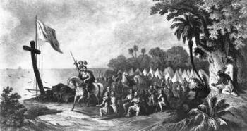 The Landing at Tampa Bay: De Soto and his Followers Swearing to Conquer or Die, engraved by John Sartain (mezzotint) (b&w photo) | Obraz na stenu