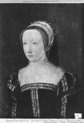 Portrait presumed to be Francoise d'Orleans Rothelin, Princess of Conde, 1550 oil on panel) (b/w photo) | Obraz na stenu