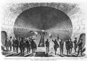 Main sewer from the Strasbourg Station to the Seine. Official visit of the Minister of Interior, General Charles Marie Esprit Espinasse (1815-59) April 1858 (engraving) (b/w photo) | Obraz na stenu
