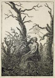 The Woman with a Spider's Web in the middle of Leafless Trees (woodcut) | Obraz na stenu