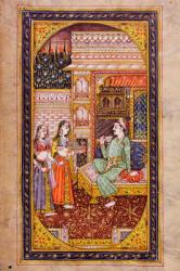 Two servant girls serve refreshment to a noble man in a richly decorated room, Rajasthani miniature painting (w/c on paper) | Obraz na stenu