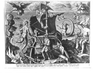 Ferdinand Magellan (c.1480-1521) on board his caravel, 1522 (engraving) (b/w photo) | Obraz na stenu