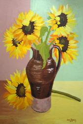 Five Sunflowers in a Tall Brown Jug,2007 (gouache) | Obraz na stenu