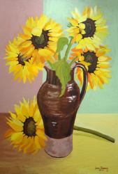 Five Sunflowers in a Tall Brown Jug,2007 (gouache) | Obraz na stenu