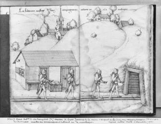 Silver mine of La Croix-aux-Mines, Lorraine, fol.12v and fol.13r, the 'huttmans', masters of the companions, entering the mine, c.1530 (pen & ink & w/c on paper) (b/w photo) | Obraz na stenu