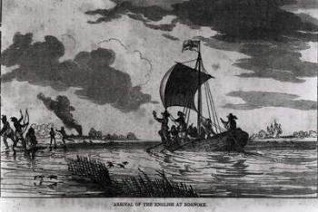 Arrival of the English at Roanoke, 1587, from Justin Winsor's 'Narrative and Critical History of America', 1831 (engraving) (b&w photo) | Obraz na stenu