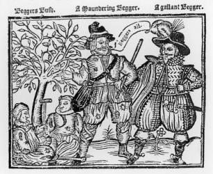 'Beggars All': Beggars Bush, a Wandering Beggar and a Gallant Beggar, titlepage of 'The Praise, Antiquity and Commodity of Beggary, Beggars and Begging' (woodcut) (b/w photo) | Obraz na stenu