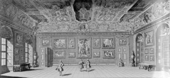 Picture Gallery at Belvedere, Vienna, published in 'Wondrous war and victory encampment of the supreme hero of our age Eugene Francis Duke of Savoy and Piedmont', c.1731-1740 (engraving) | Obraz na stenu