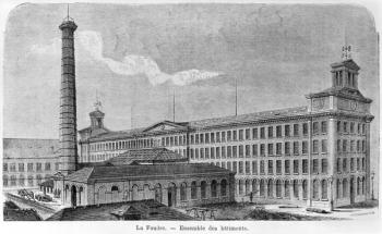 'La Foudre' cotton mill, illustration from 'Les Grandes Usines' by Julien Turgan, engraved by Edward Etherington (fl.1860) late 19th century (engraving) (b/w photo) | Obraz na stenu