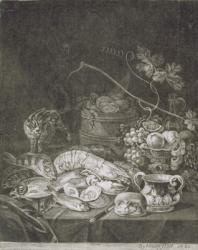Banquet Piece with Lobsters, Fish and Cat (mezzotint with burn work) | Obraz na stenu