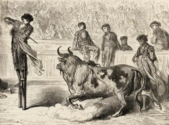 A Bullfighter Stood on Stilts at Seville, Spain, 1878 (wood engraving) | Obraz na stenu