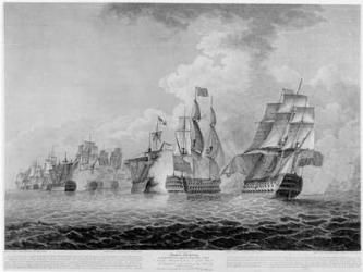 H.M.S.'Victory' bearing up in order to rake the 'Salvador del Munde', sea fight off Cape St. Vincent in 1797, engraved by James Fittler (1758-1835) pub. 1798 (engraving) (b&w photo) | Obraz na stenu