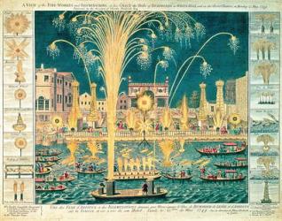 A View of the Fireworks and Illuminations at his grace the Duke of Richmond's at Whitehall and on the River Thames, on Monday 15th May 1749 (coloured engraving) (see also 73957) | Obraz na stenu