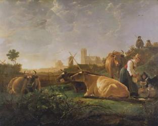 A Distant View of Dordrecht with Sleeping Herdsman and Five Cows ('The Small Dort'), c.1650-52 (oil on panel) | Obraz na stenu