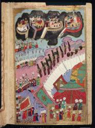 TSM H.1524 The Forces of Suleyman the Magnificent (1484-1566) Besieging a Christian Fortress, from the 'Hunername' by Lokman, 1588 (gouache on paper) (see also 182451) | Obraz na stenu