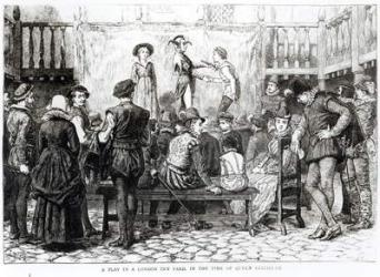 A Play in a London Inn Yard in the Time of Queen Elizabeth, engraved by Joseph Swain (1820-1909) (engraving) (b&w photo) | Obraz na stenu