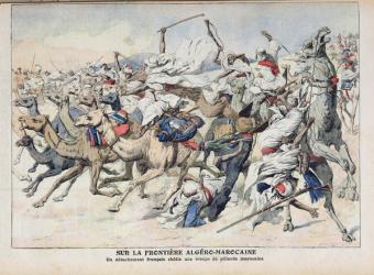 On the Algero-Moroccan Frontier, a French Detachment Punishing a Band of Moroccan Pillagers, illustration from 'Le Petit Journal', 18th November 1906 (coloured engraving) | Obraz na stenu