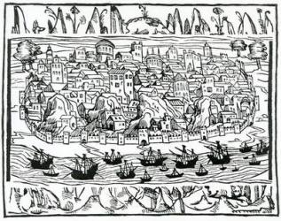 View of Lisbon from 'Libro de Grandezas y cosas Memoralder de Espana' by Pedro Medina, 1548 (woodcut) | Obraz na stenu
