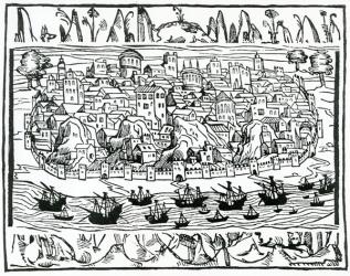 View of Lisbon from 'Libro de Grandezas y cosas Memoralder de Espana' by Pedro Medina, 1548 (woodcut) | Obraz na stenu