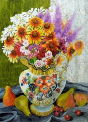 Victorian Jug with Mixed Flowers,Pears and Cherries,2010,gouache | Obraz na stenu