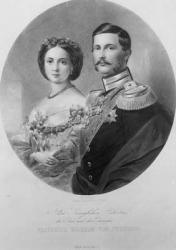 Wedding Portrait of Their Royal Highnesses Princess Victoria (1840-1901) and Crown Prince Frederick William of Prussia (1831-88) 25th January 1858, engraved by Carl Sussnapp (litho) (b&w photo) | Obraz na stenu