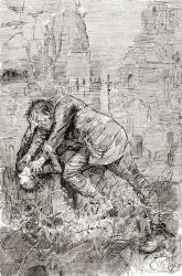 Pip's struggle with the escaped convict. "The man took me by both arms, and tilted me back as far as he could hold me, so that his eyes looked most powerfully down into mine." Illustration by Harry Furniss for the Charles Dickens novel Great Expectations, | Obraz na stenu