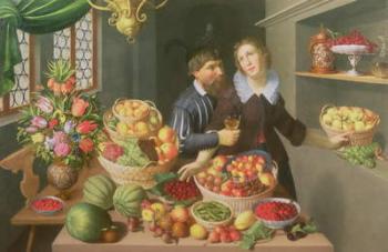 Man and Woman Before a Table Laid with Fruits and Vegetables | Obraz na stenu