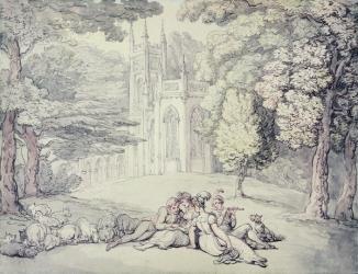 A college green with a group of damsels and young gentlemen in the foreground, c.1810-15 (pen & ink and w/c over pencil on paper) | Obraz na stenu