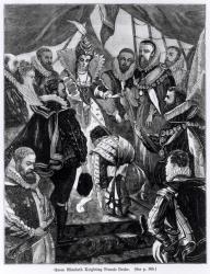 Queen Elizabeth I (1530-1603) Knighting Francis Drake (c.1540-96) in 1581 (engraving) (b/w photo) | Obraz na stenu