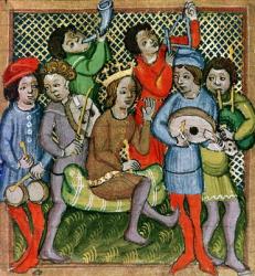 Seated crowned figure surrounded by musicians playing the lute, bagpipes, triangle, horn, viola and drums (manuscript) | Obraz na stenu