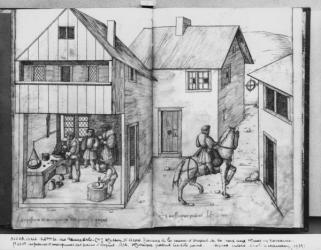 Silver mine of La Croix-aux-Mines, Lorraine, fol.23v and fol.24r, weighing and stamping the silver ingots, a messenger carrying the ingots, c.1530 (pen & ink & w/c on paper) (b/w photo) | Obraz na stenu