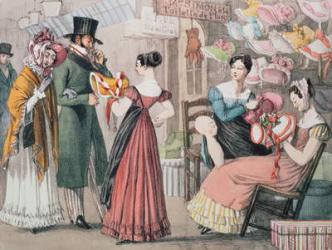 At the Milliners (La Marchande de Modes), printed by Charles Joseph Hullmandel (1789-1850),  pub. by Rodwell and Martin, 1822 (litho) | Obraz na stenu