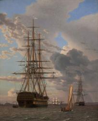 The Russian Ship of the Line "Asow" and a Frigate at Anchor in the Roads of Elsinore, 1828 (oil on canvas) | Obraz na stenu