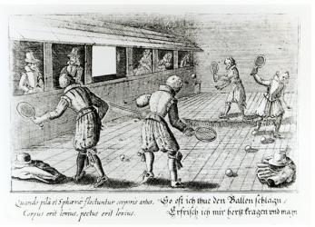 A Game of Real Tennis with Sport Ballads below (engraving) (b&w photo) | Obraz na stenu