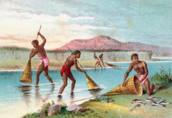 Natives fishing on Lake Malawi aka Lake Nyassa, Mozambique, East Africa in the 19th century. From The Life and Explorations of Dr. Livingstone published c.1875. | Obraz na stenu