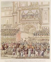 The Emperor and the Empress Receiving the Homage of the French Troops from the Balcony of the Tuileries on the Occasion of their Marriage, engraved by Charles Pierre Joseph Normand (1765-1840) (coloured engraving) | Obraz na stenu